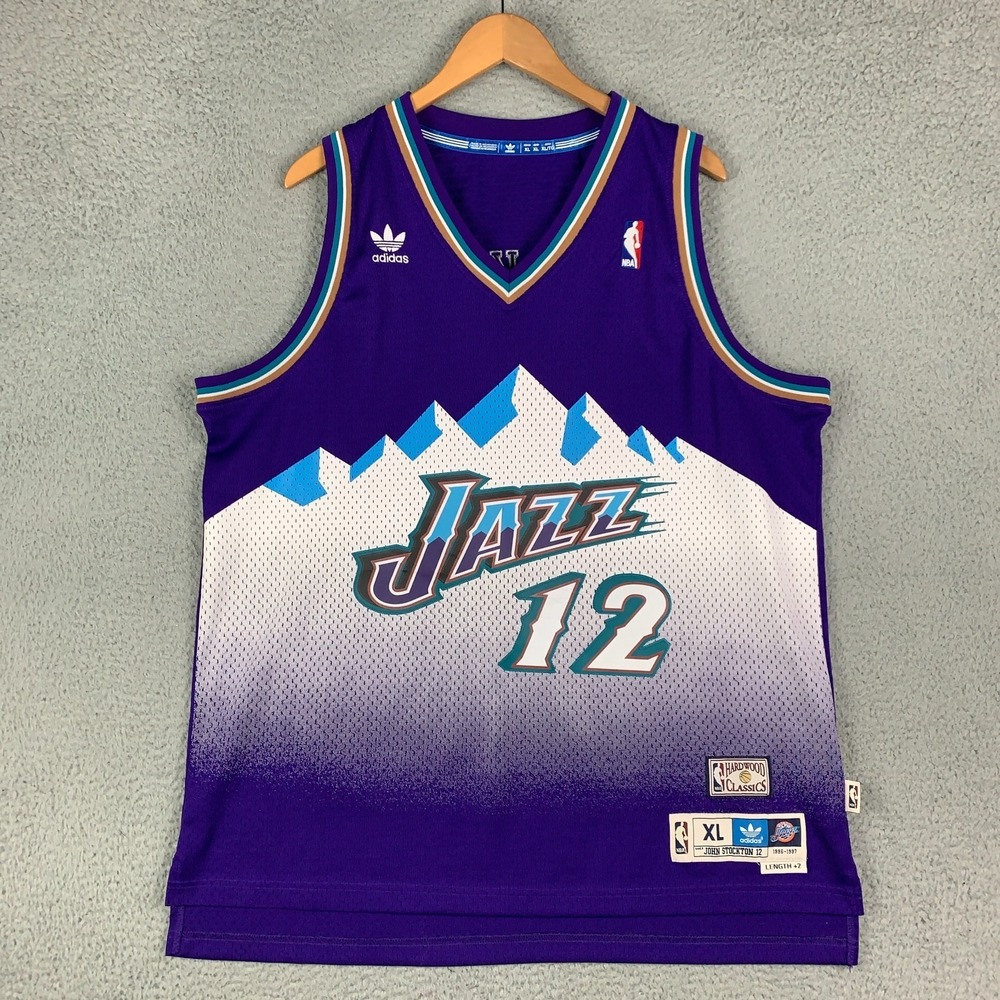 Adidas John Stockton Jersey Mens XL Utah Jazz Purple 96-97 Hardwood Classics #12